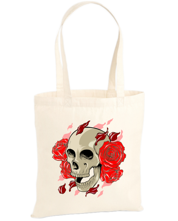 Totenkopf mit Rosen Jutebeutel Totenkopf mit Rosen Jutebeutel