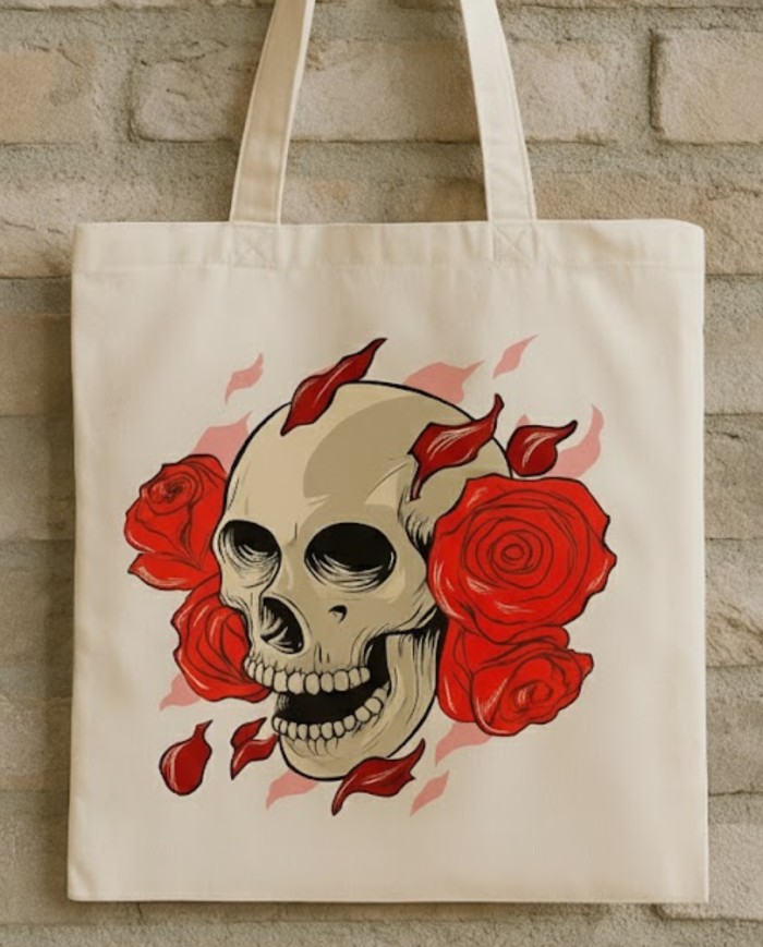 Totenkopf mit Rosen Jutebeutel Totenkopf mit Rosen Jutebeutel