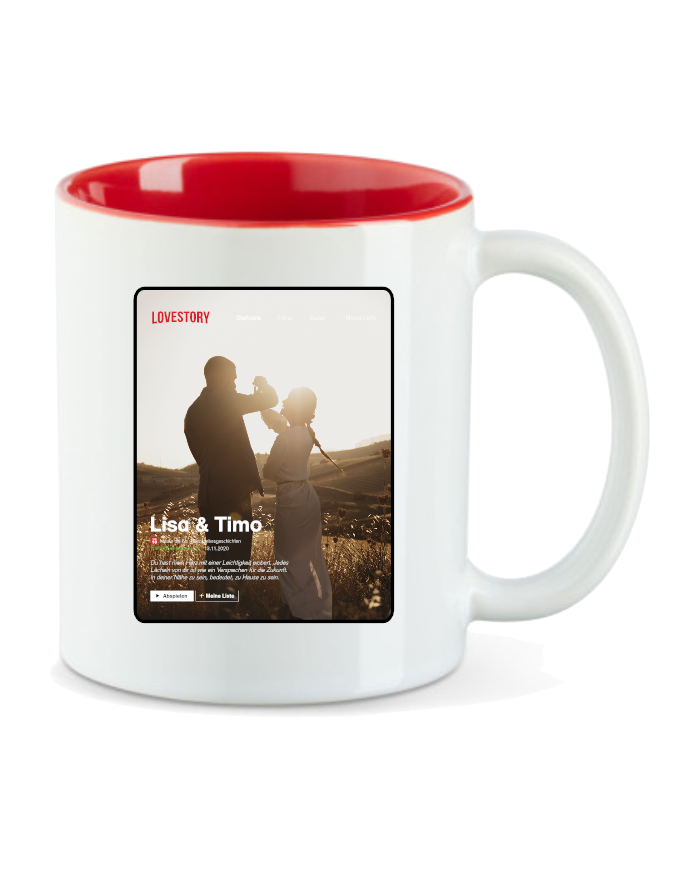 Tasse „Lovestory – Personal Cover Edition“ Personalisierte Fototasse im Serien-Design