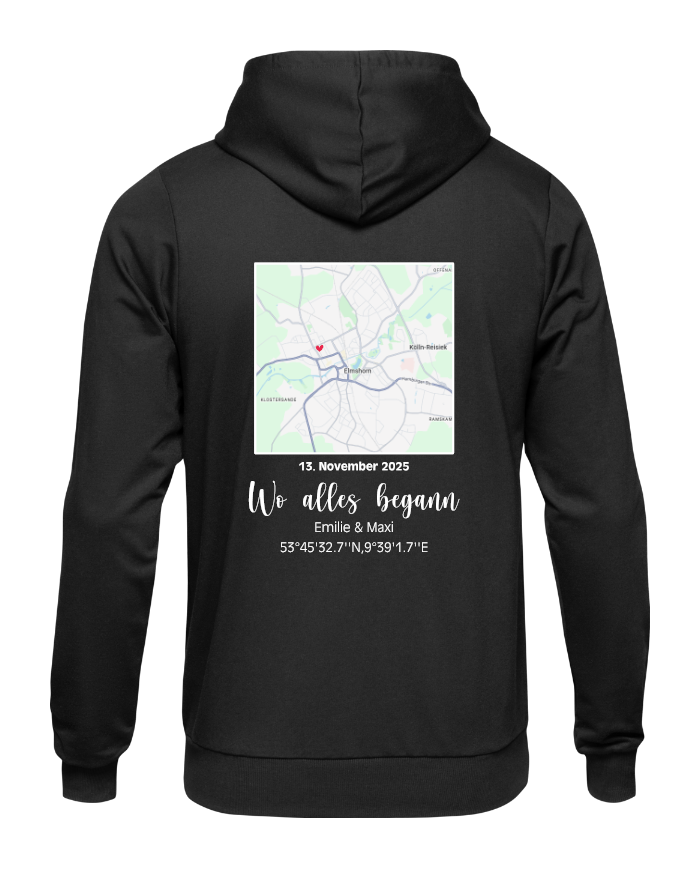 Wo alles begann - persönliche Karte Hoodie schwarz