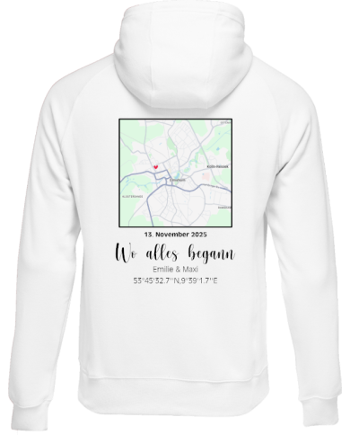 Wo alles begann - persönliche Karte Hoodie weiß