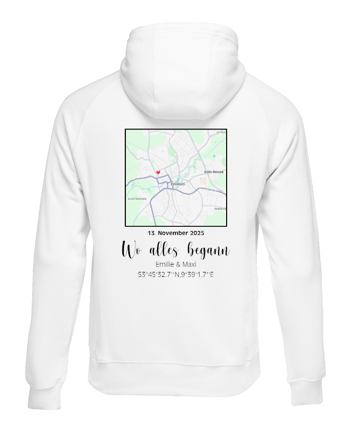 Wo alles begann - persönliche Karte Hoodie weiß