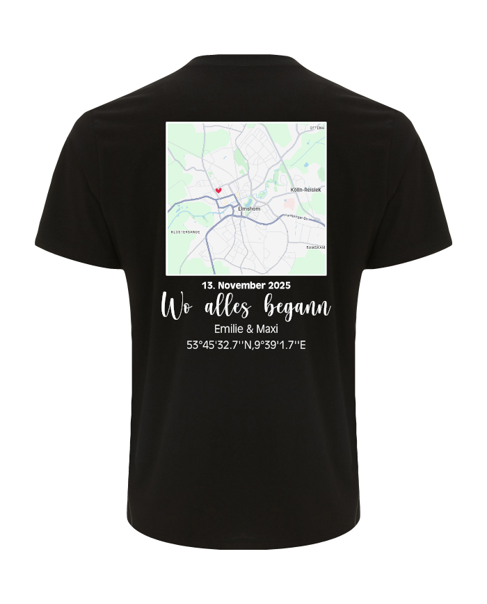 Wo alles begann - persönliche Karte T-Shirt schwarz